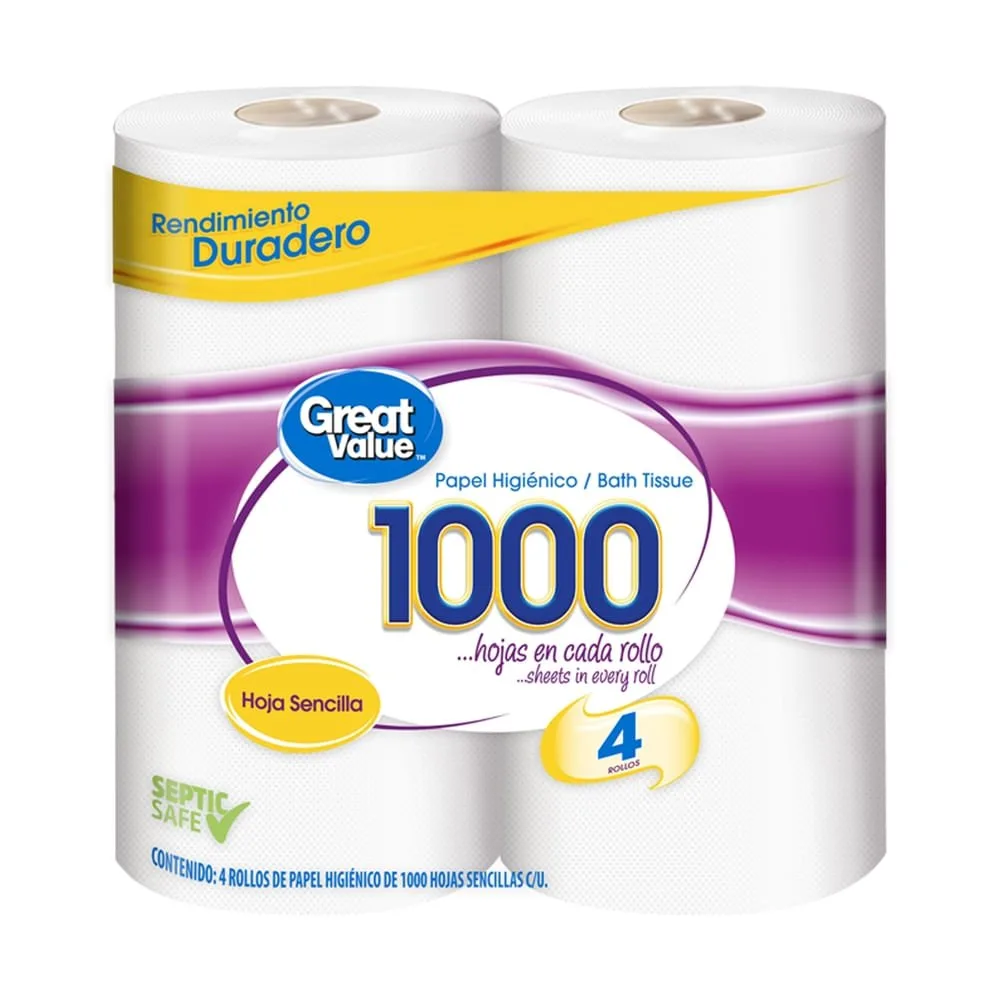 Papel Higiénico Great Value 1000 Hojas Sencillas – 4 Rollos