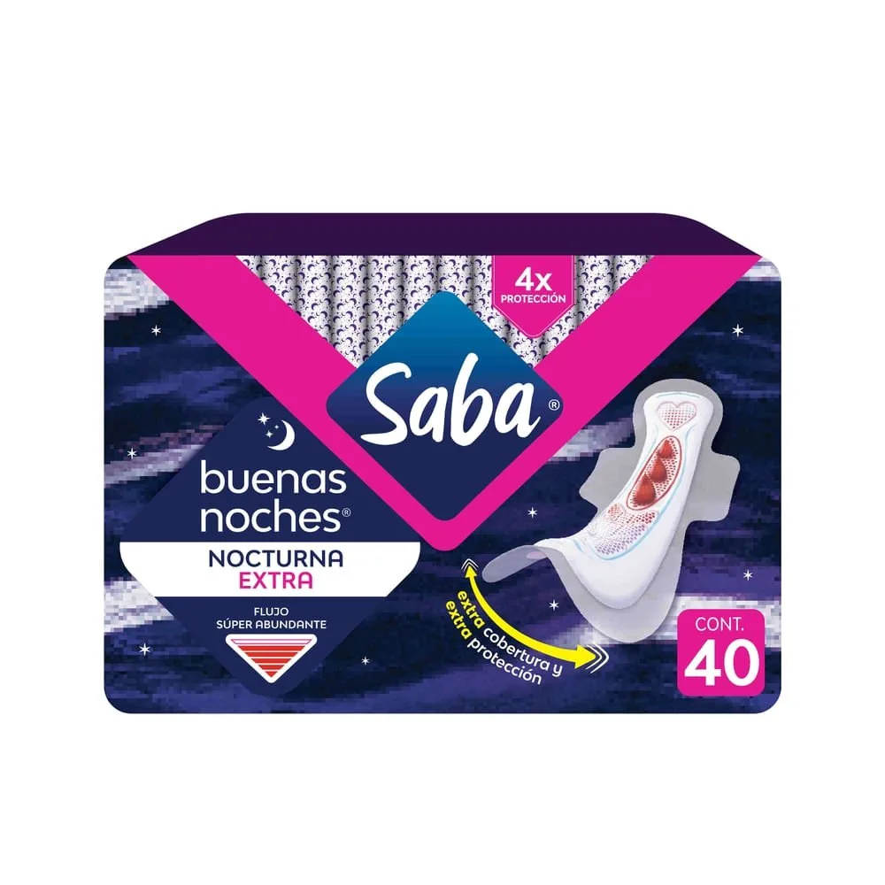 Toallas Femeninas Saba Buenas Noches Extra Flujo Súper Abundante Con Alas – 40 uds