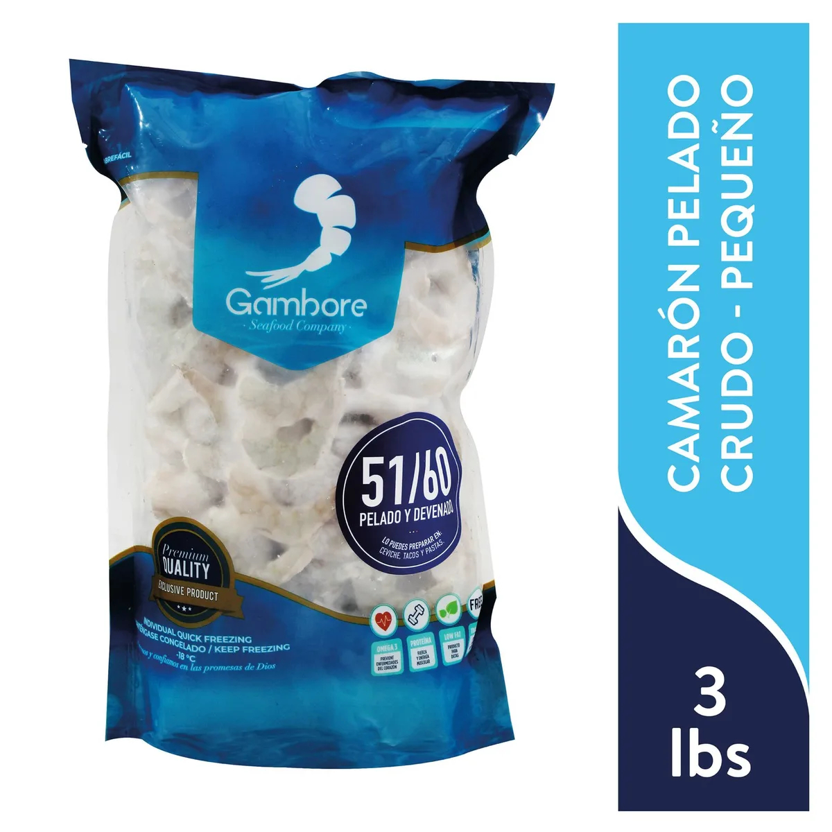 Camarón crudo Gambore pelado y desvenado talla 51/60 – 1.36 kg
